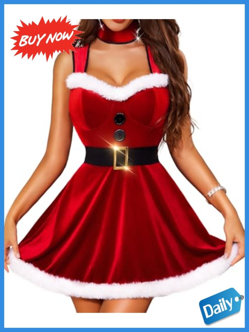 Velvet Santa Babydoll Chemise Lingerie Set with Choker & Belt